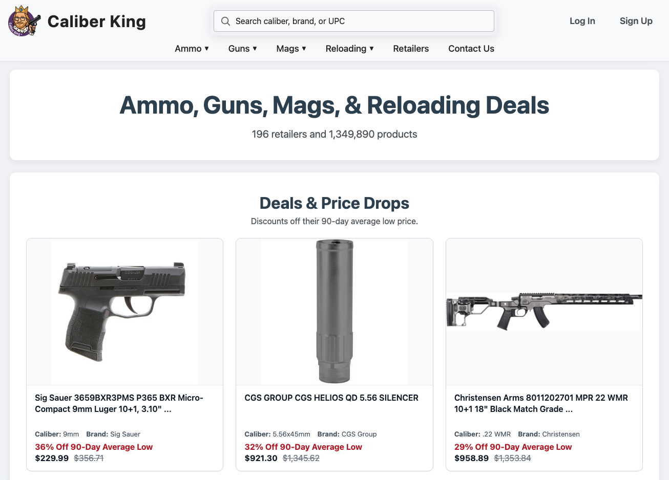 Caliber King 90-day average price charts for popular ammunition calibers including 9mm, .380 ACP, and 12 Gauge