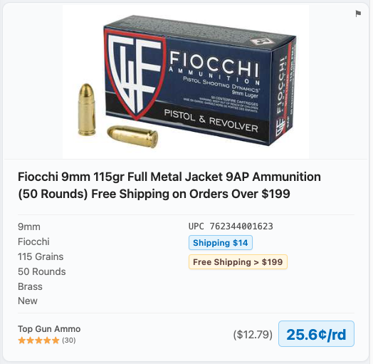 Caliber King ammunition listing showing flat-rate shipping and free shipping over $199
