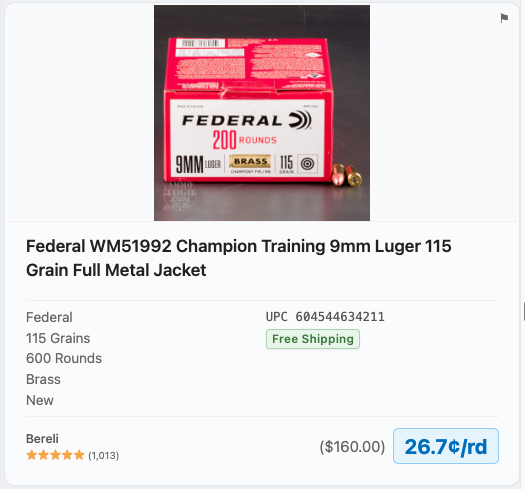 Caliber King ammunition listing showing free shipping and price per round