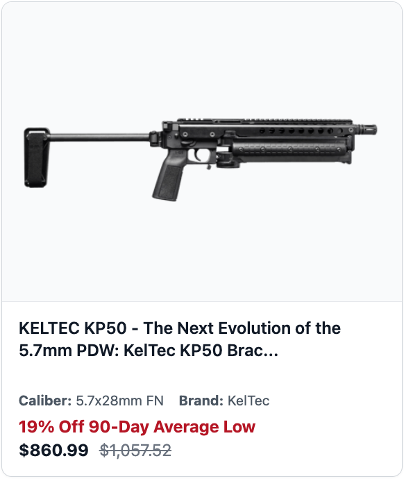 Caliber King product listing showing a KelTec KP50 at 19% off its 90-day average low