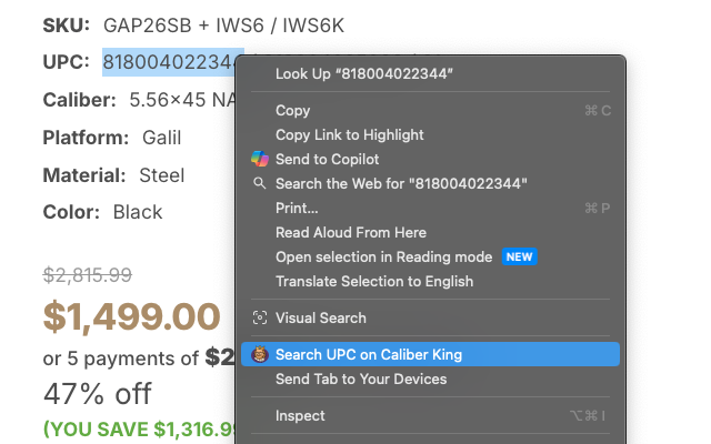 Right-click menu showing Search UPC on Caliber King after highlighting a product UPC